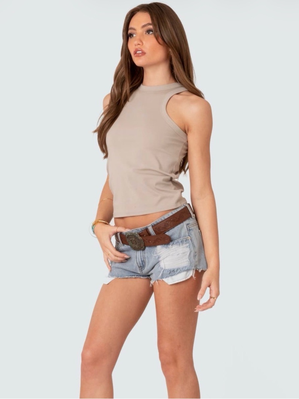 EDIKTED Devin Low Rise Denim Cutoff Shorts, size large